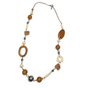 Statement Necklace Abstract Wood Silver tone Ivory